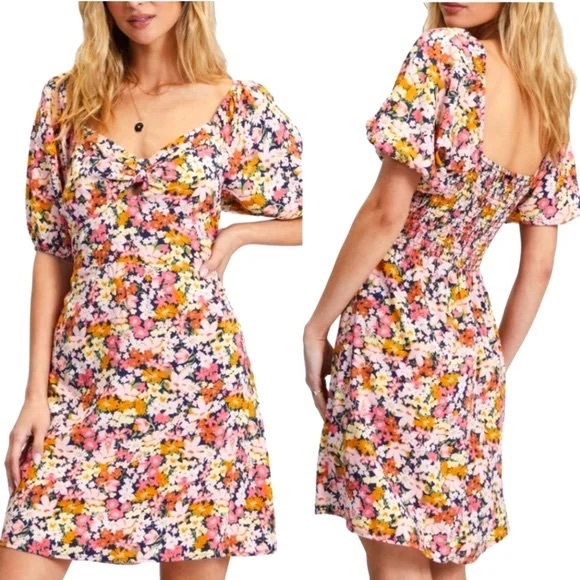 Billabong Dresses & Skirts - BILLABONG Loving Life Multicolored Floral Puff Sleeve Dress Women’s sz L/12 NWT